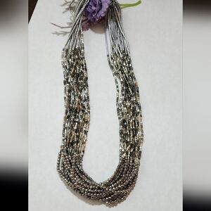 Loft Matte Silver Seed Bead & Silver Beaded Multi Strand Necklace